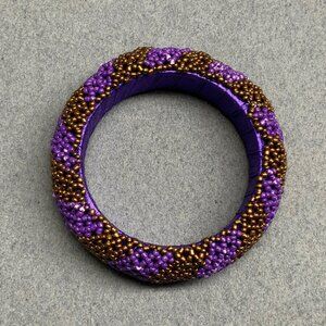 Seed Bead Bangle Bracelet 3 In Purple Gold Chevron Pattern Chunky Retro Exotic